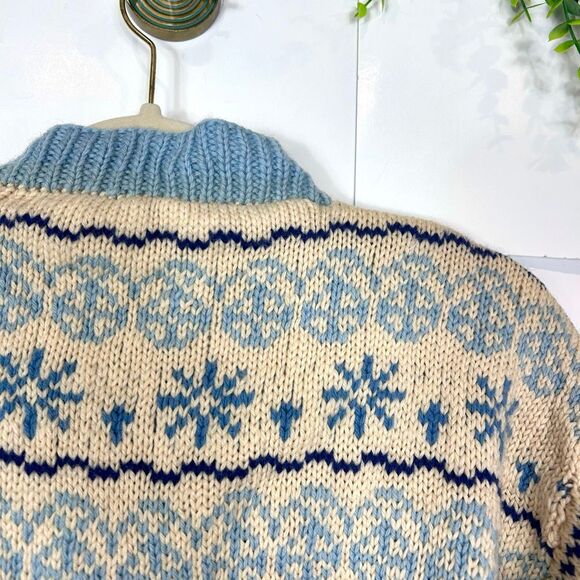 Handmade Wool Cardigan Sweater Womens Cream Blue Fair Isle Knit Scotland Nordic - Picture 7 of 16
